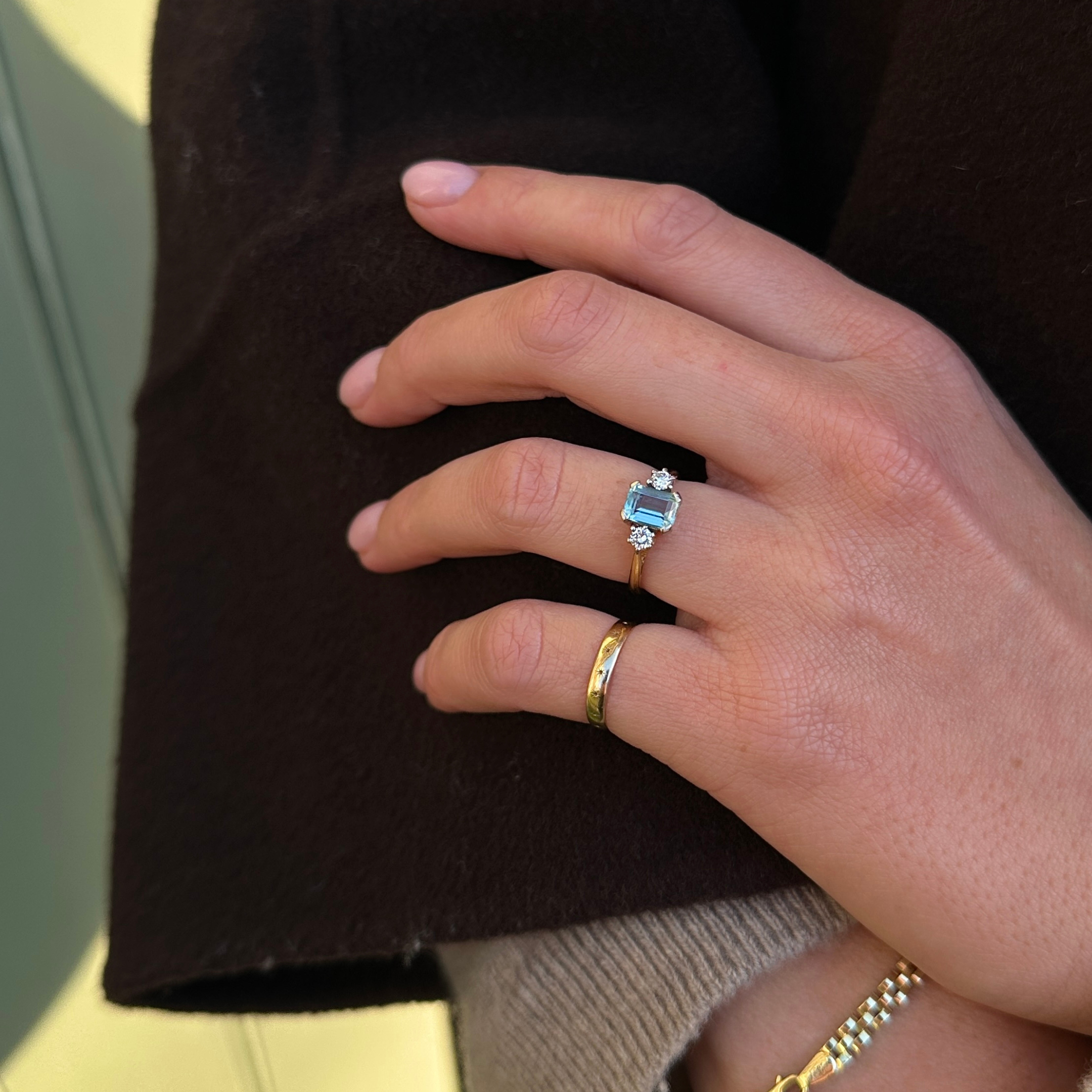 Aquamarijn & Diamant Trilogie Ring 18k